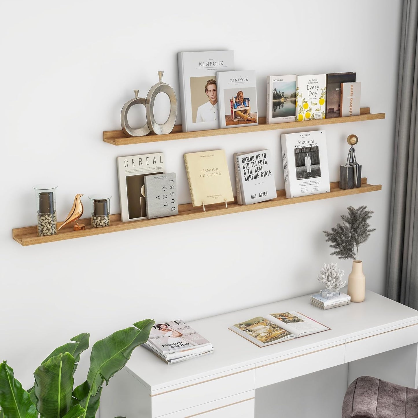 Solid Ash Wood Picture Ledge Shelf, Floating Shelves Set of 2, 56 Inch Long Large Ledge Shelves, Nursery Book Shelves Wall Mounted for Living Room Bedroom Kitchen Decor Kids Bookshelf, Natural