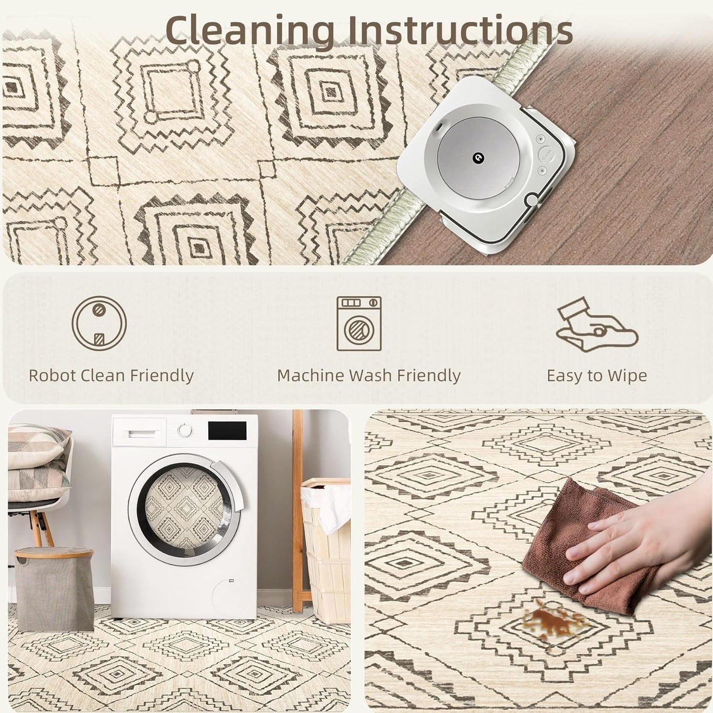 Moroccan Area Rug 4x6 - Washable Boho Geometric Rugs Non-Slip Entryway Rug, Neutral Farmhouse Rugs Soft Throw Rug for Entrance Hallway Bedroom Kitchen Nursery(4'x6',Ivory)