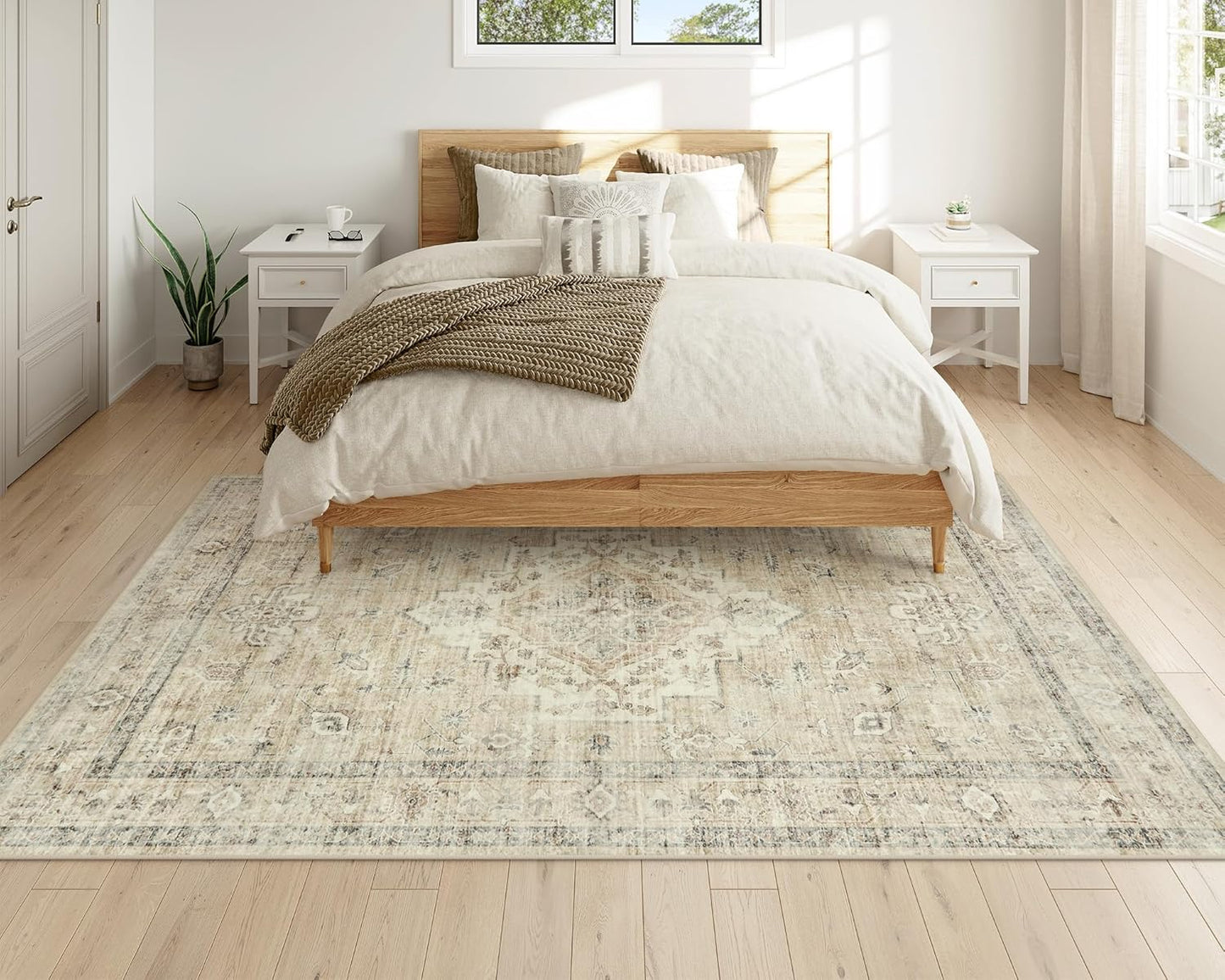 LIVEBOX Washable Area Rug 5x7 Rugs for Living Room Bedroom, Non-Slip Boho Neutral Carpet for Dining Room Office, Low-Pile Farmhouse Soft Carpets for Kids Nursery Room Playroom, Tan