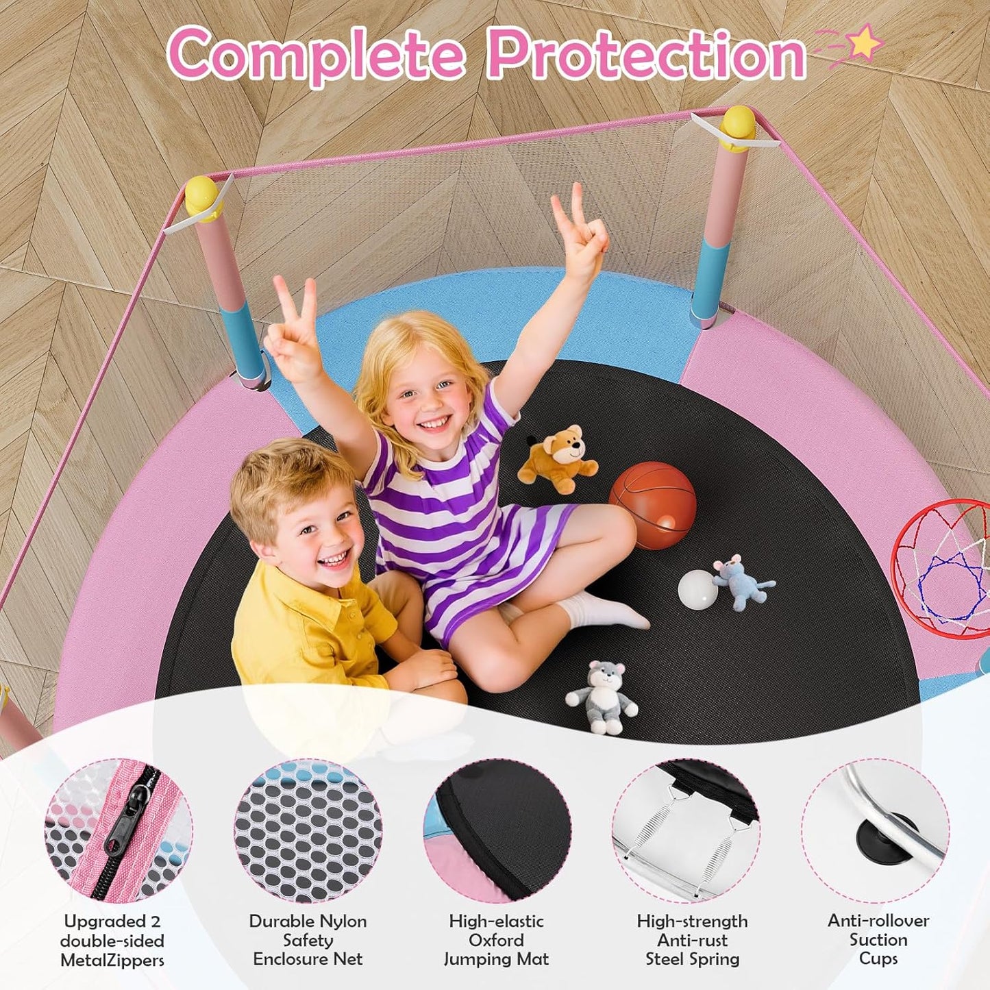 Kids Trampoline with Safety Net – 440lbs Capacity, Upgraded Rust-Proof Ring Legs, Adjustable Gymnastics Bar & Toys – Indoor Outdoor Toddler Trampoline for Boys & Girls Ages 1-8