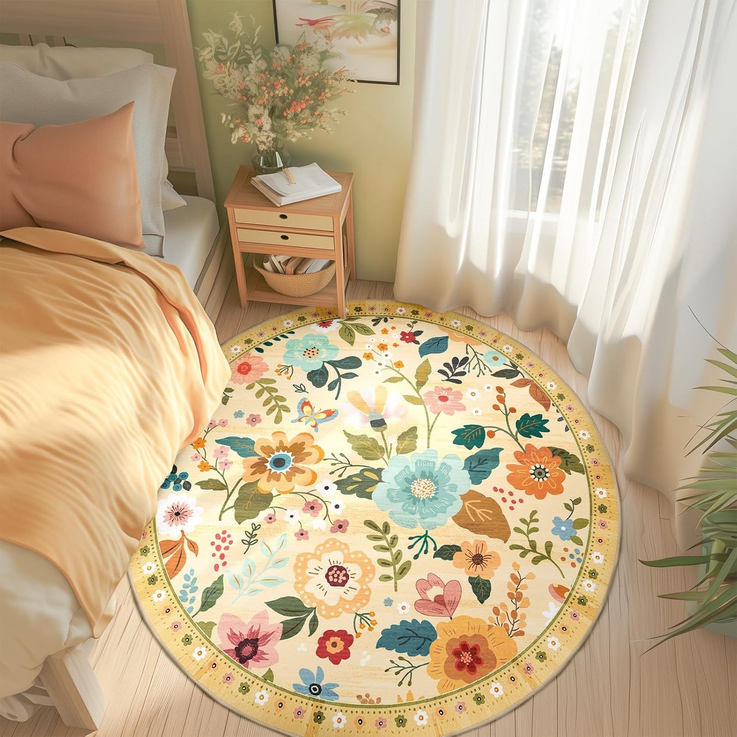 Floral 4ft Area Rug Machine Washable Soft Print Boho Carpet Non Slip Doormat Low Pile Flower Area Rugs for Living Room Bedroom Nursery Kitchen Dining Room Indoor-Ivory/Yellow