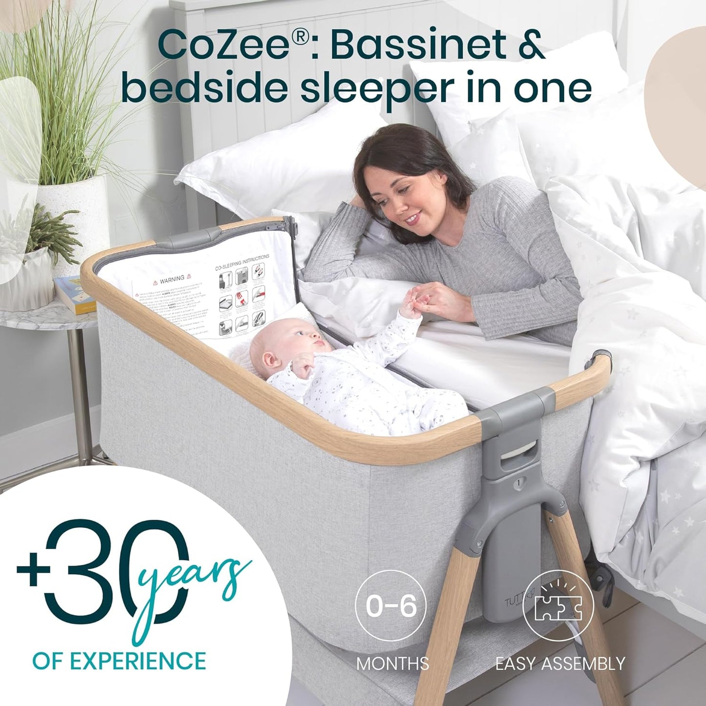 CoZee® 2-in-1 Baby Bassinet & Bedside Sleeper - Fast-Folding Bedside Bassinet, Baby Crib with 6 Mattress Heights & Breathable Mesh Window, Mattress Included, 0-6 Months (Silver & Oak)