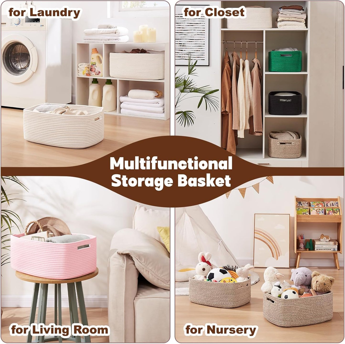 OIAHOMY Storage Basket for Shelves, Closet Cube Storage Bins Baskets for Clothes Blanket Towels, Baby Nursery, Toy Baskets Box, Woven Rope Basket, 15.75*11.81*7.09 IN, 2 Packs White