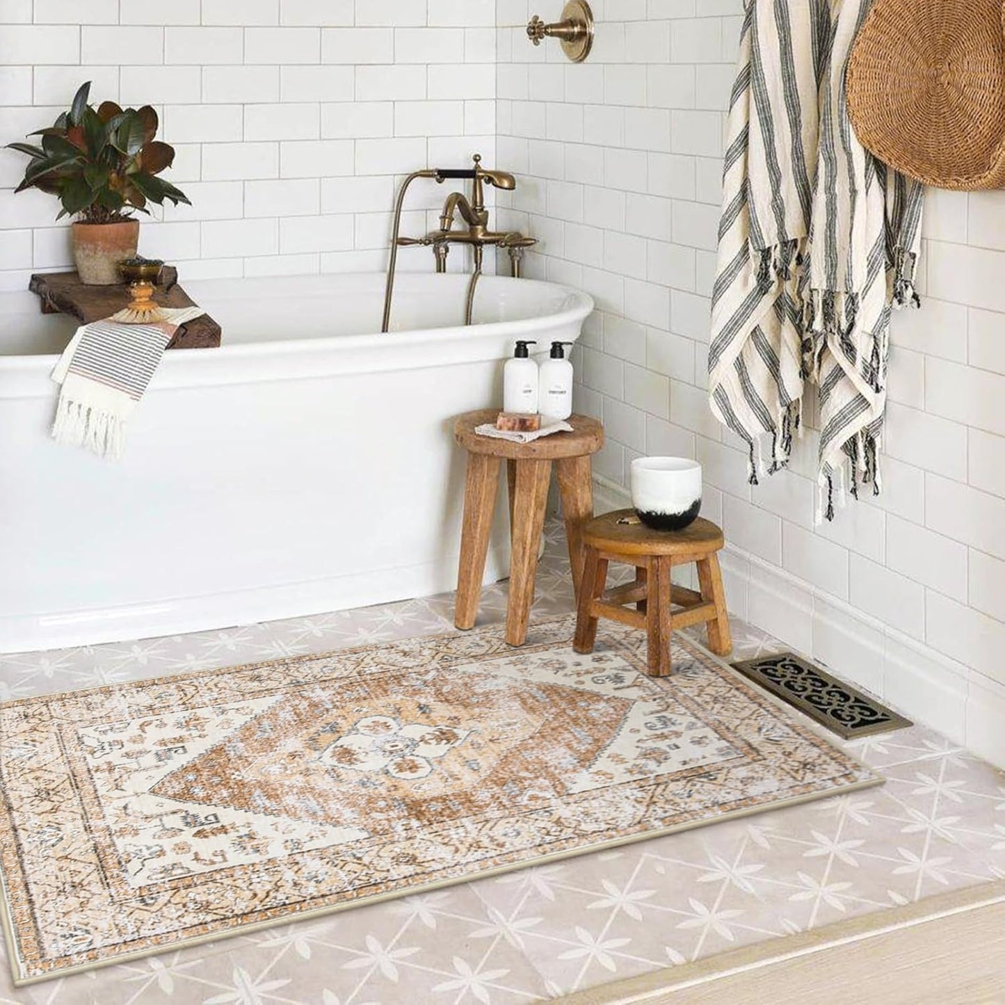 Lahome Boho 2x4 Rug Runner, Non-Slip Low-Pile Washable Kitchen Rugs Small Throw Bath Mat Runner, Oriental Accent Print Runners Area Runners for Hallway Bedroom Entryway Kitchen Living, Taupe