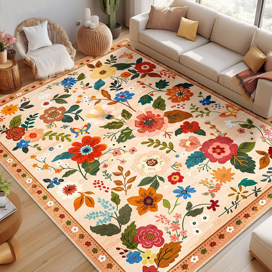 Floral 9x12 Area Rug Machine Washable Soft Print Boho Carpet Non Slip Doormat Low Pile Flower Area Rugs for Living Room Bedroom Nursery Kitchen Dining Room Indoor-Light Orange