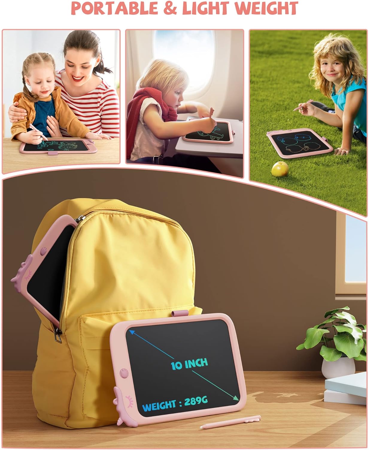 Kikapabi 10 Inch LCD Writing Tablet for Kids - Colorful Drawing Pad for Girls Aged 3-9 | Unicorn Toddler Travel Toys, Christmas Birthday Gift for Girls & Boys (Pink)