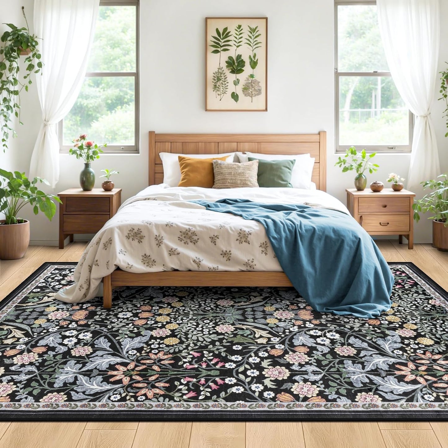 Area Rug Living Room Rugs: Floral 5x7 Washable Rug Vintage Soft Boho Non-Slip Carpet Indoor Stain Resistant Large Carpets for Bedroom Dining Room Farmhouse Nursery Hallway Home Office Dark Black