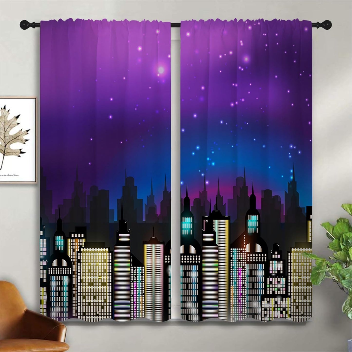 Superhero Rod Pocket Blackout Curtains for Boy Girl Bedroom, Super City Skyline Buildings Night Panorama Home Energy Efficient Light Filtering Window Curtain for Living Room, 42x63 inch