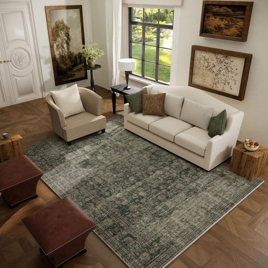 Washable Living Room Area Rug: 5x7 Rugs for Bedroom Vintage Stain Resistant Non Slip Low Pile Lightweight Boho Carpet for Kitchen Dining Room Farmhouse Kids Room Nursery