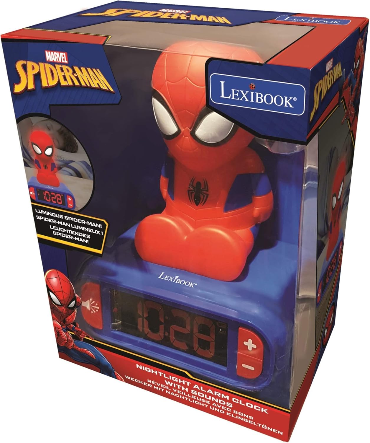 LEXiBOOK - Marvel Spider-Man Digital Alarm Clock with Night Light Snooze and Marvel Spider Man Superheroes Sound Effects - Boys Clock - Luminous Spiderman, Blue - RL800SP