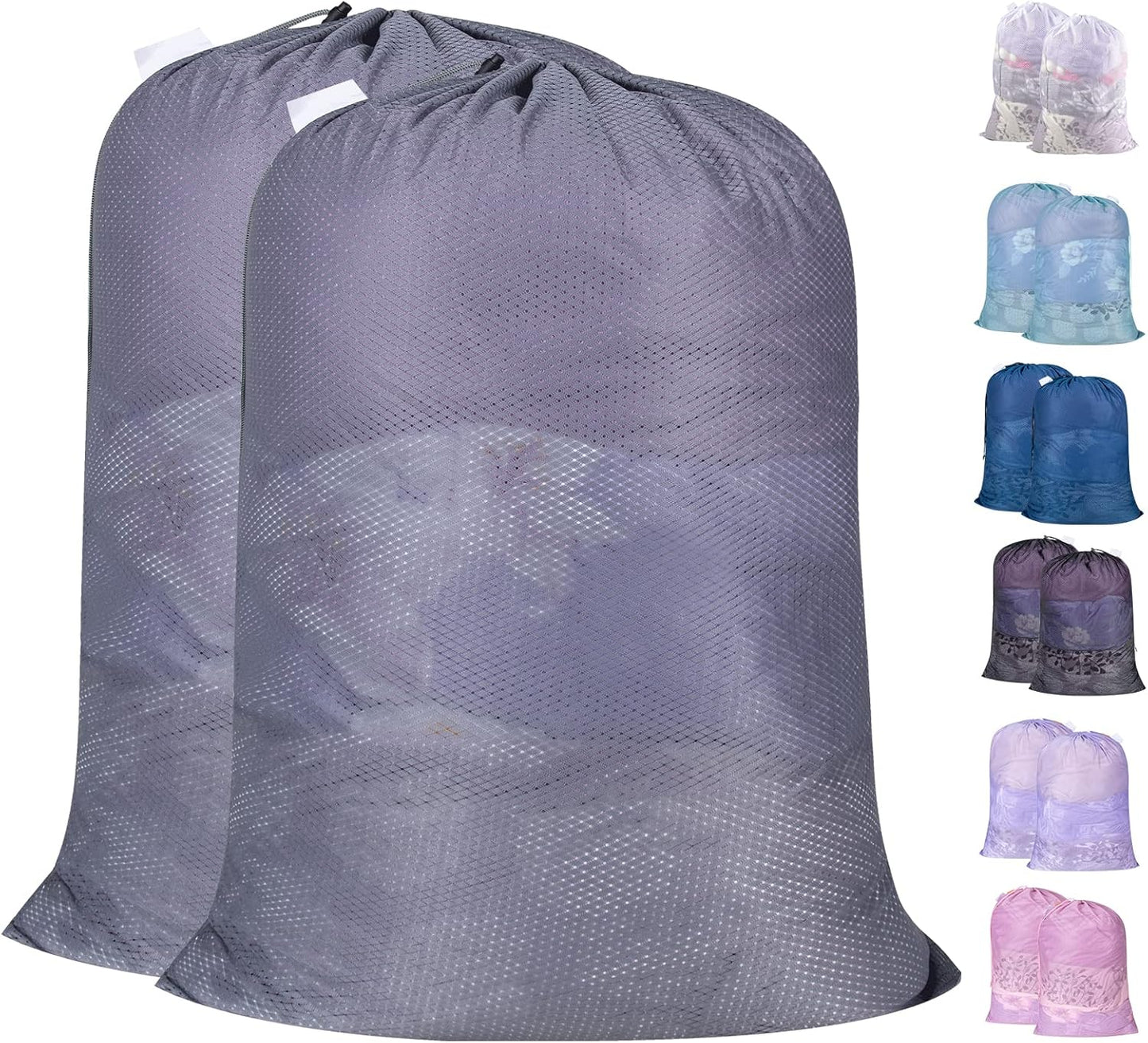 Polecasa Heavy Duty Extra Large Mesh Laundry Bags with ID Tag and Locking Drawstring Closure - 2 Pack, 30 x 36 inches - Laundry Hamper Liner, Washable Laundry Bag for Travel, Sports, Dorms (Grey)
