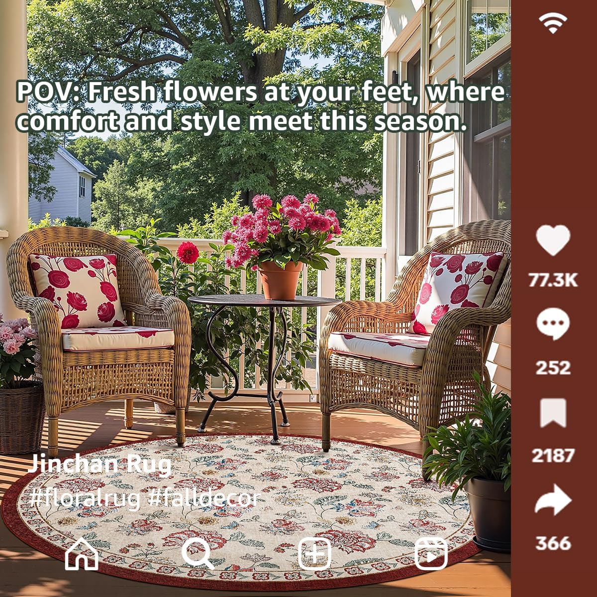 jinchan 7ft Floral Round Rug for Dining Room Washable Living Room Rug Vintage Romance Design Non Slip Indoor Floor Cover Lightweight Low-Profile Throw Carpet for Bedroom Porch Patio, Red/Beige