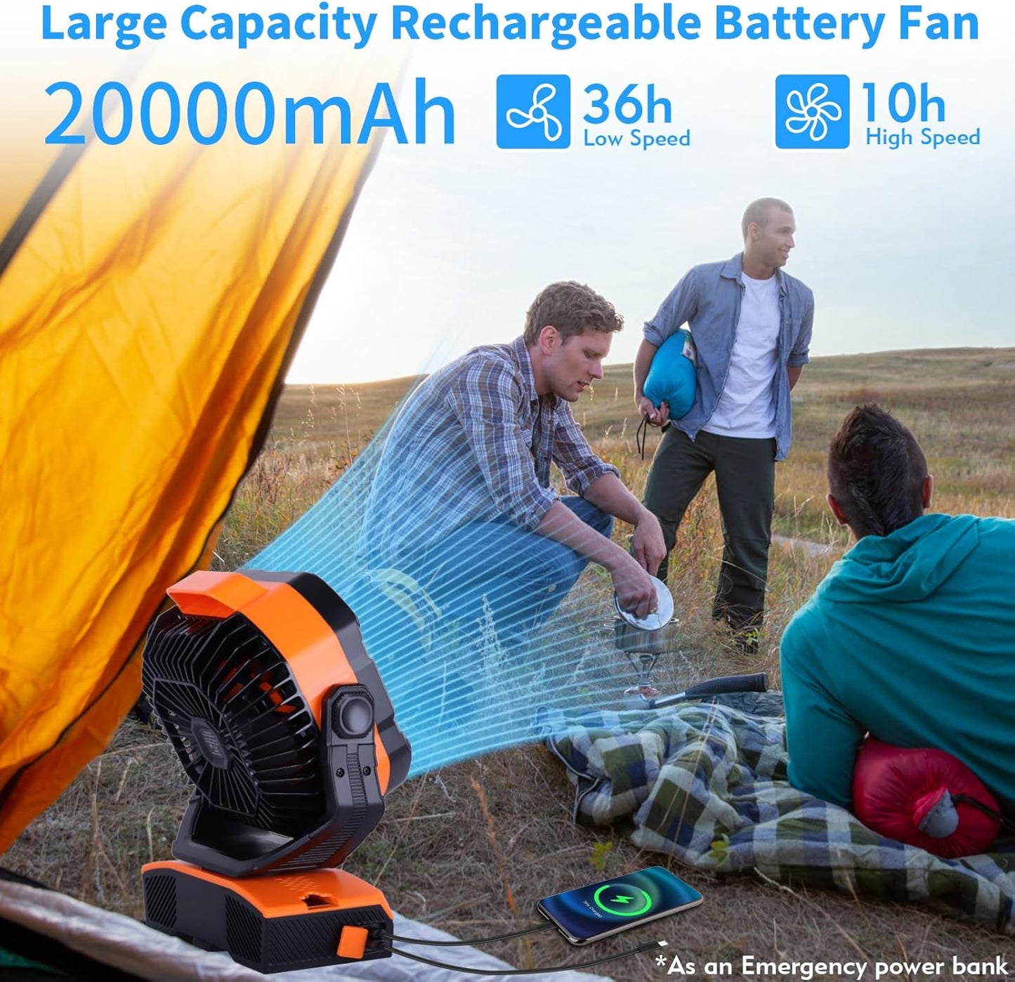 20000mAh Camping Fan Oscillating Portable Fan Battery Powered Fans Rechargeable Camping essentials with Light Hook, 270° Pivot USB Desk Battery Operated Outdoor Tent Travel