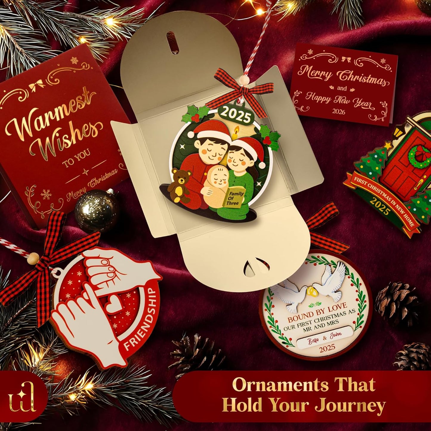 Family of 3 Christmas Ornaments 2025 - Our First Christmas As A Family of Three Ornament 2025, Unique Baby 1st Xmas Ornaments, New Parents Gifts for Mom Dad Xmas Tree Decorations