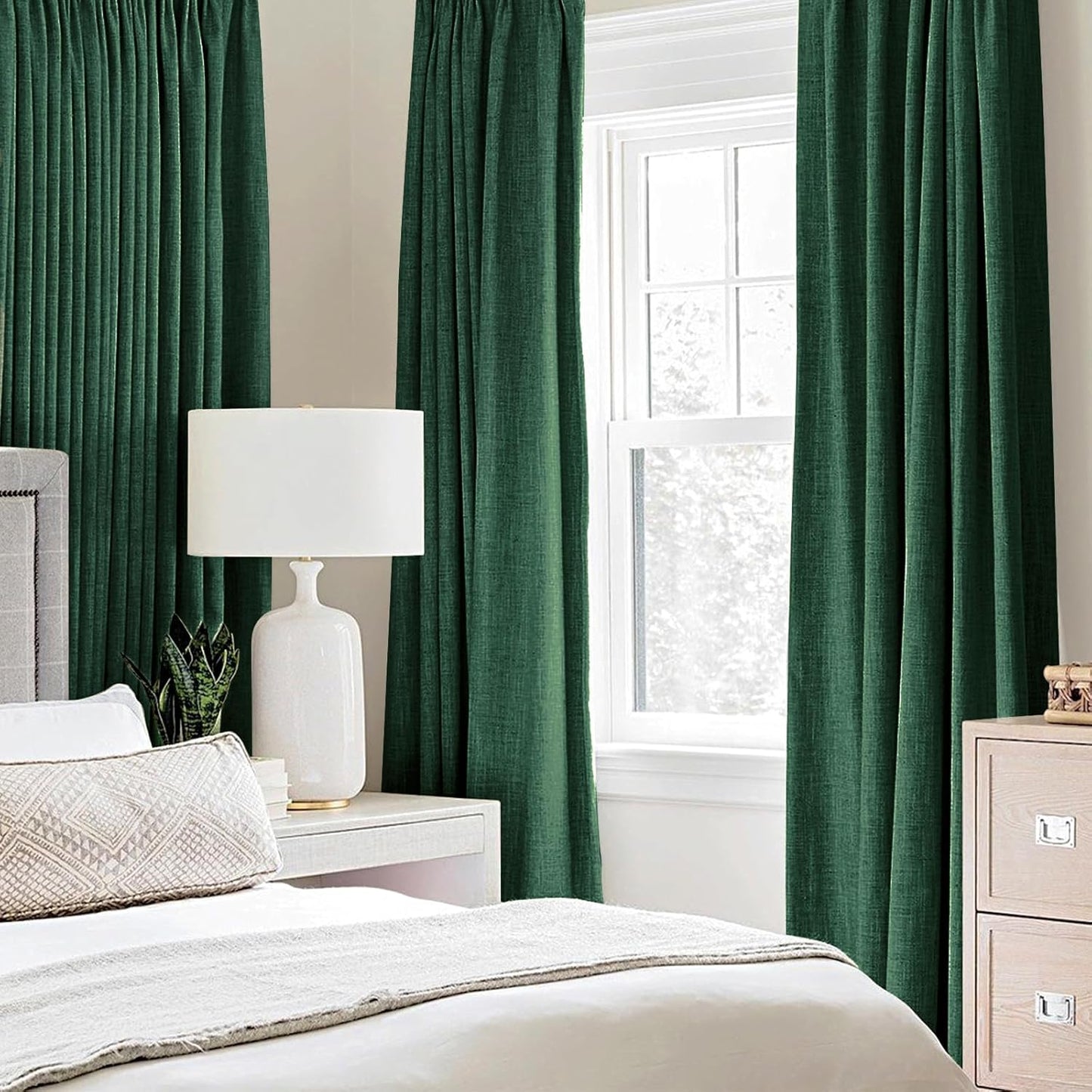 MIULEE 100% Blackout Linen Curtains for Bedroom Thermal Insulated Emerald Green Grommet Room Darkening Curtains & Drapes Christmas Decor for Living Room Nursery 52 x 84 Inch (2 Panels)