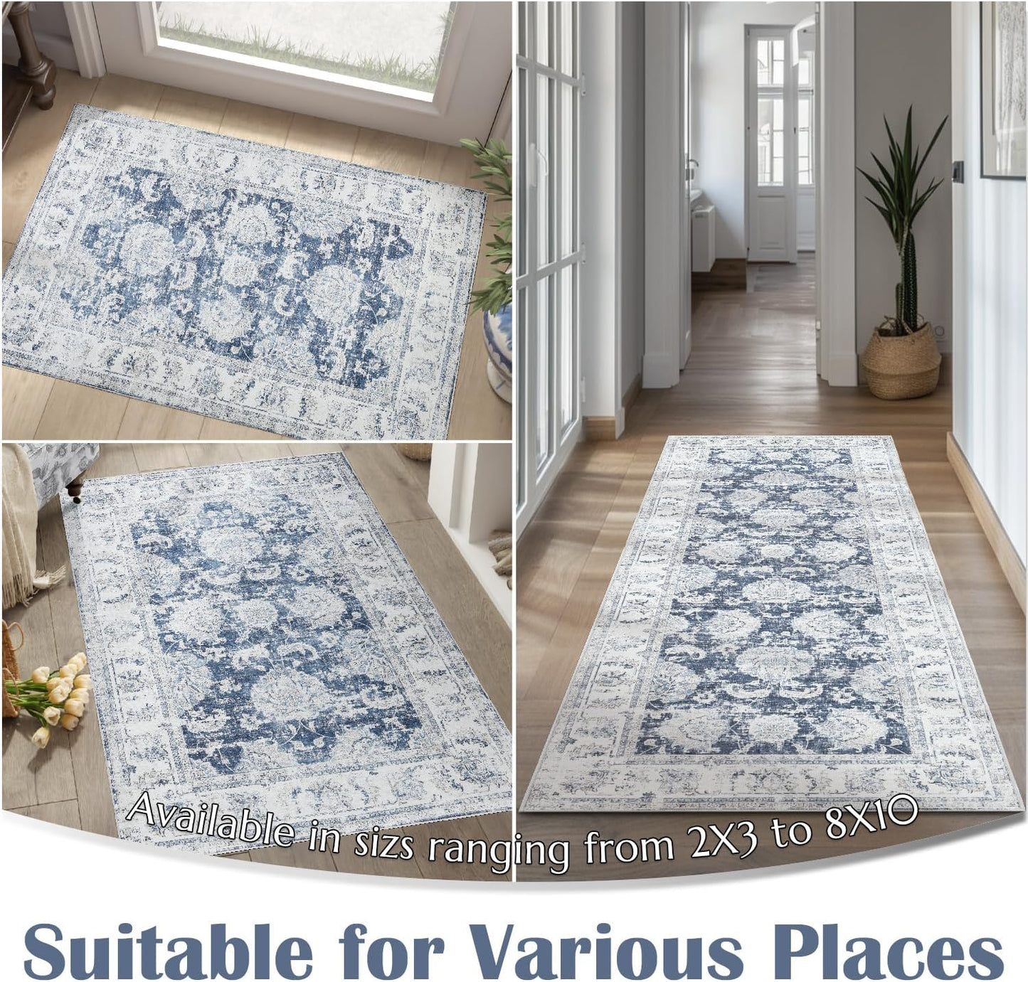 jinchan Hallway Runner Rug 3x8 Washable Runner - Vintage Floral Non Slip Low-Pile Soft Thin Faux Wool Kitchen Rug Distressed Carpet for Farmhouse Bedroom Laundry Room(3x8ft,Dark Blue)