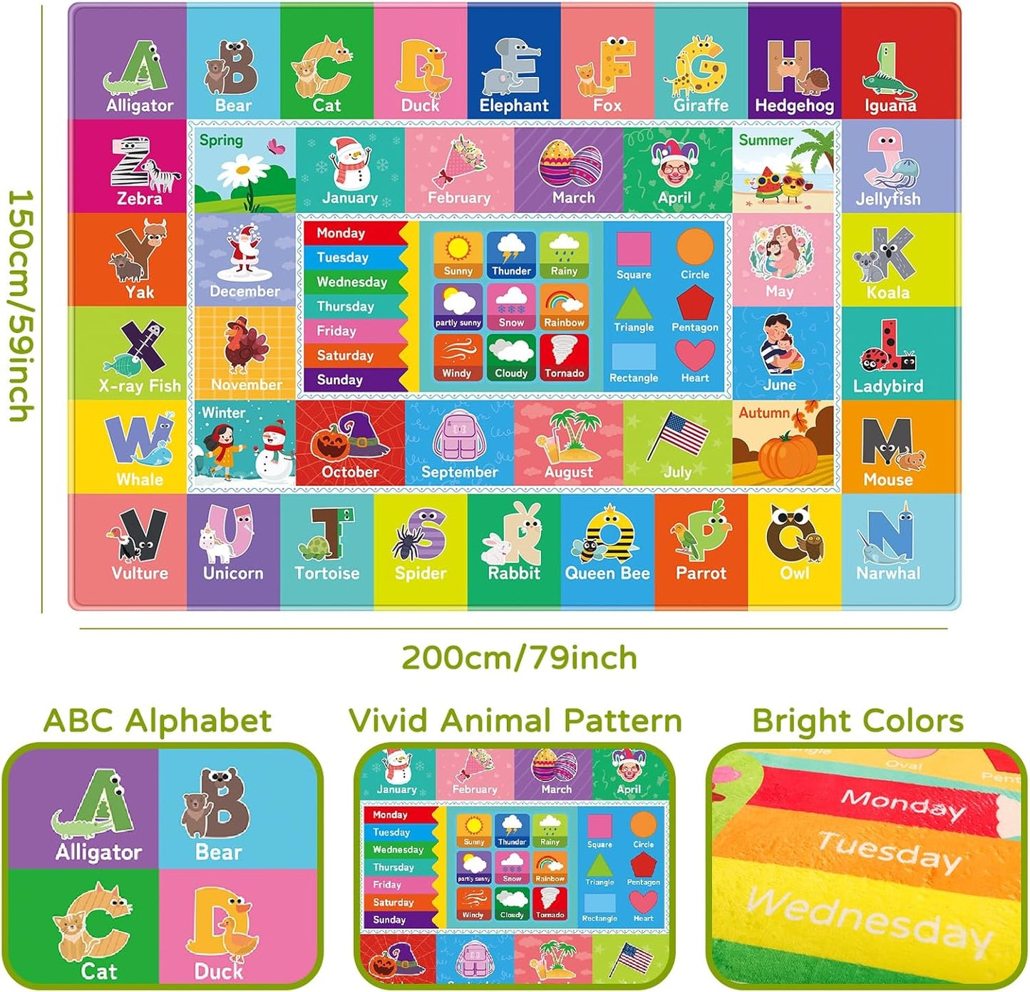 Kids Rug for Playroom, Kids Baby Playmat with Alphabet, Month, Weather, Week and Shapes ABC Educational Rug, Play Mat Carpet for Bedroom Classroom (78.7X59 INCH, Weather)