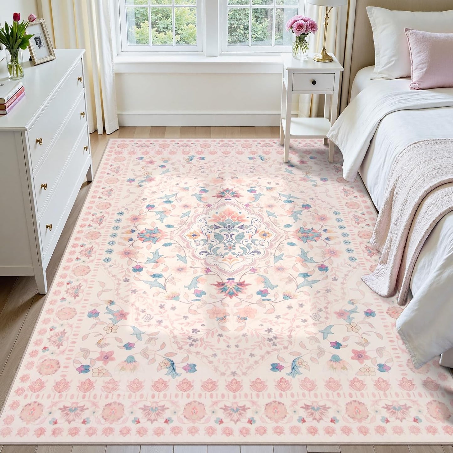 Wonnitar Floral 5x7 Washable Nursery Rug, Pink Rugs for Bedroom Girls, Boho Ultra-Thin Soft Non Slip Floor Carpet for Dorm Living Room Playroom Home Decor, Pastel Pink