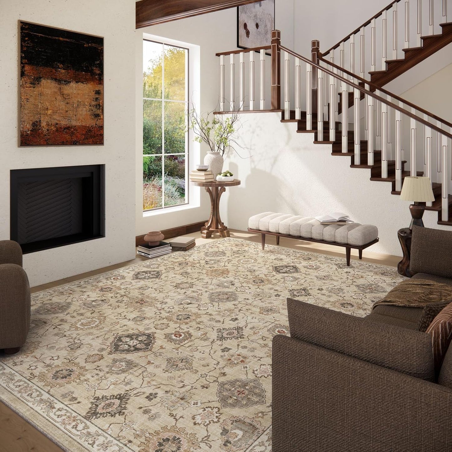 Machine Washable Rug for Living Room: 5x7 Area Rugs Boho Vintage Rug Stain Resistant Non Slip Low Pile Soft Lightweight Carpets for Bedroom Kitchen Dining Room Nursery Kids Room Farmhouse