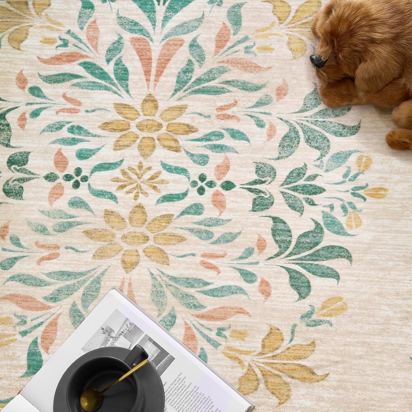 jinchan Round Rug 5ft Area Rugs Vintage Floral Distressed Design,Machine Washable Soft Non-Slip Low-Pile Ultra-Thin Circle Rug for Entryway Living Room Dining Room Bedroom (5' Round,Apricot Multi)