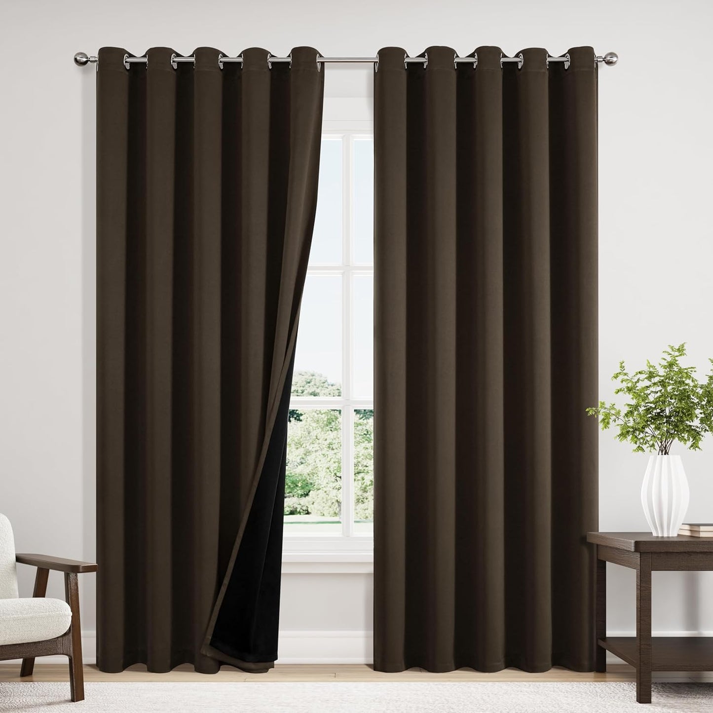 ChrisDowa 100% Blackout Curtains 84 inch Long for Bedroom with Black Liner, Extra Wide 2 Thick Layers Total Blackout Thermal Insulated Grommet Window Curtains 2 Panels Set (Brown, 60 x 84 Inch)