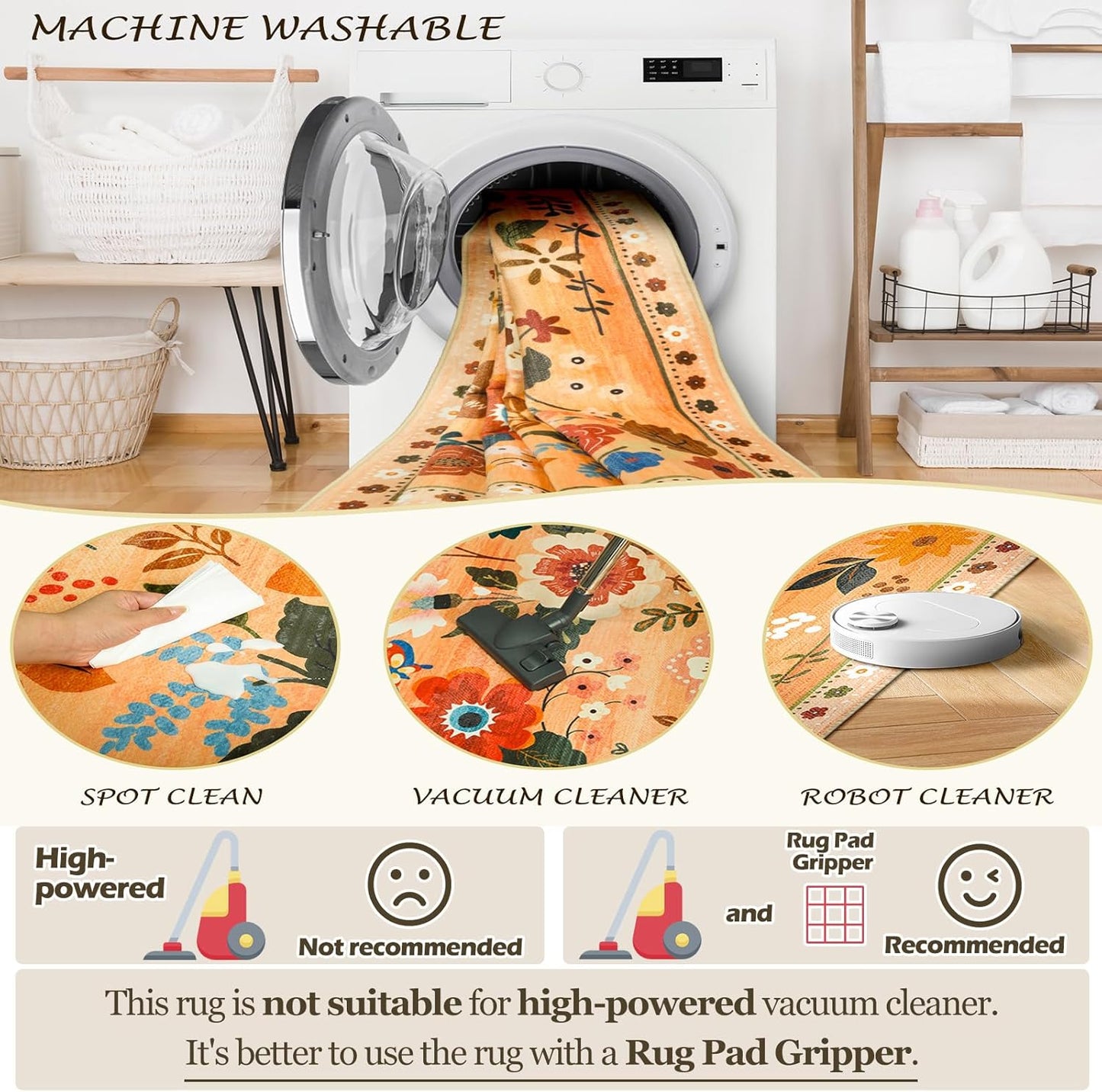 Floral 5x7 Area Rug Machine Washable Soft Print Boho Carpet Non Slip Doormat Low Pile Flower Area Rugs for Living Room Bedroom Nursery Kitchen Dining Room Indoor-Yellow/Orange