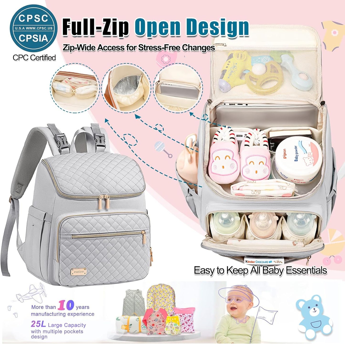 Weitars Diaper Bag Backpack Large Baby Diaper Bag with Changing Pad Travel Diaper Backpack,Baby Bag for Boys Girls,Stroller Straps,5 Insulated Pockets (Gray)