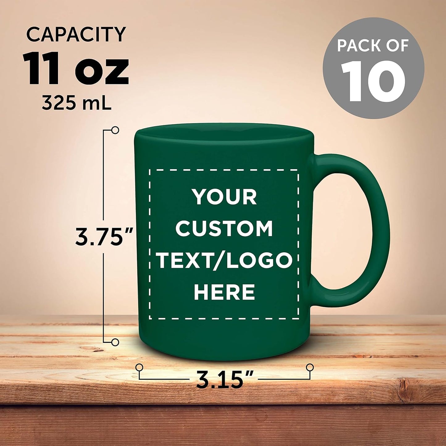Custom Ceramic Coffee Mugs 11 oz. Set of 10, Personalized Bulk Pack - Coffee cup set, Iced coffee cup, Gaming mug - Green