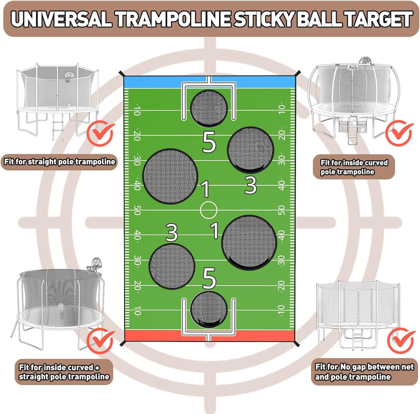 jumpfly Trampoline Football Game Accessories, Toss Throwing Target Net Fits 8 FT/10 FT/12 FT/14 FT Recreational Trampolines with Two Footballs - Trampoline Indoor Outdoor Party Games for Kids