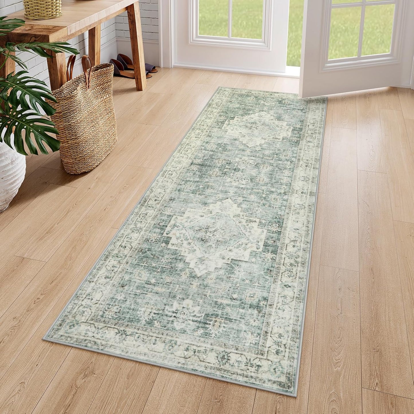 LIVEBOX Washable Rug 2x4 Kitchen Mats for Floor Entryway, Non Slip Front Door Mat for Bathroom Hallway, Boho Low-Pile Small Carpet Farmhouse Indoor Runner Rugs for Bath, Sage Green