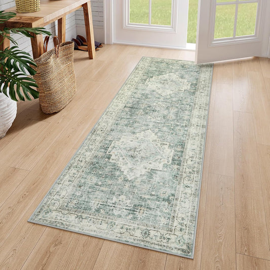 LIVEBOX Washable Rug 2x4 Kitchen Mats for Floor Entryway, Non Slip Front Door Mat for Bathroom Hallway, Boho Low-Pile Small Carpet Farmhouse Indoor Runner Rugs for Bath, Sage Green