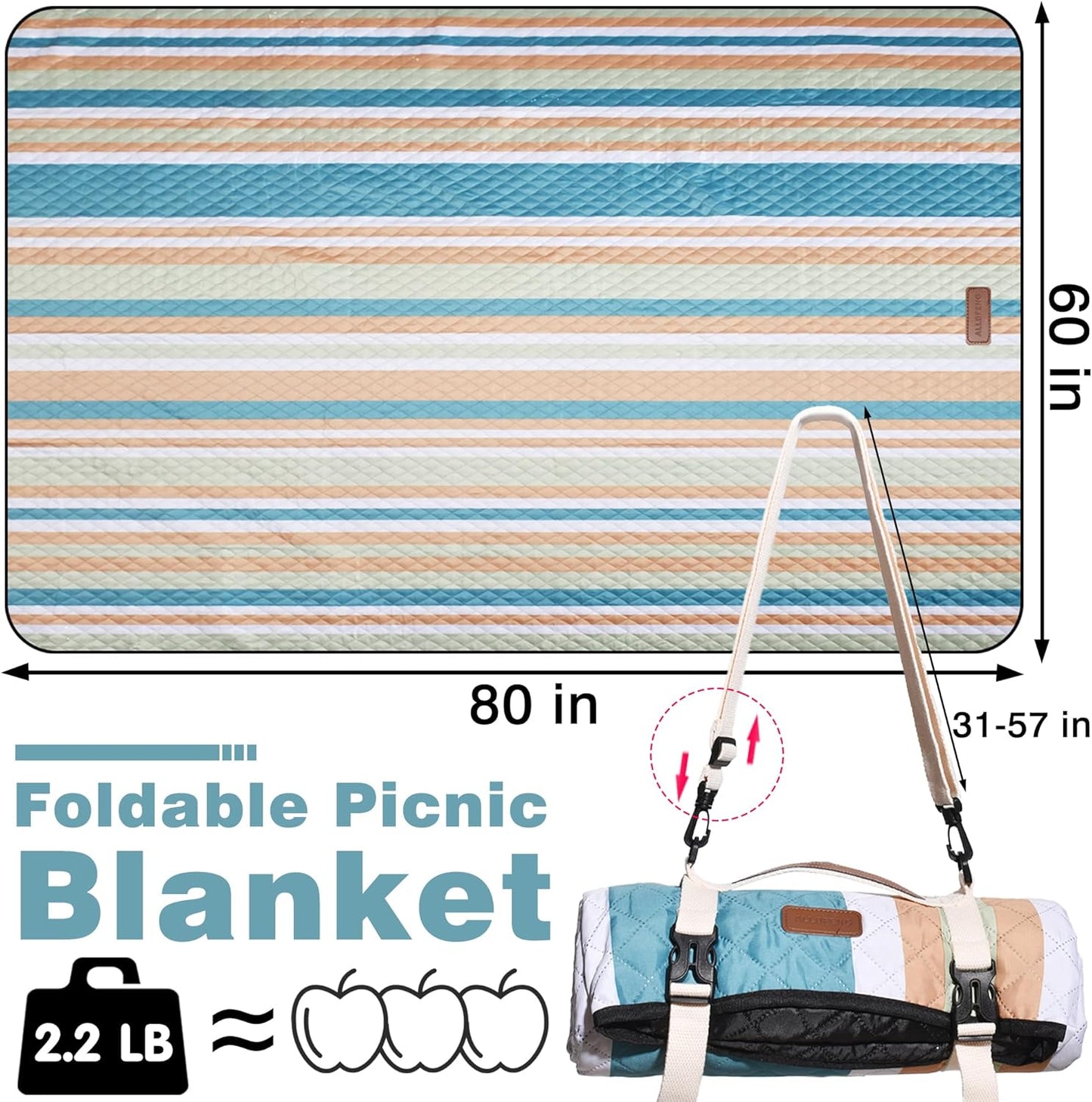 Waterproof Picnic Blanket 80" x 60" in Portable with Carry Strap for Beach Mat or Family Outdoor Camping Party, Park Blanket for Grass Park, Hiking, Travel, Concerts (Crystal Blue & Orange, 80" x 60")