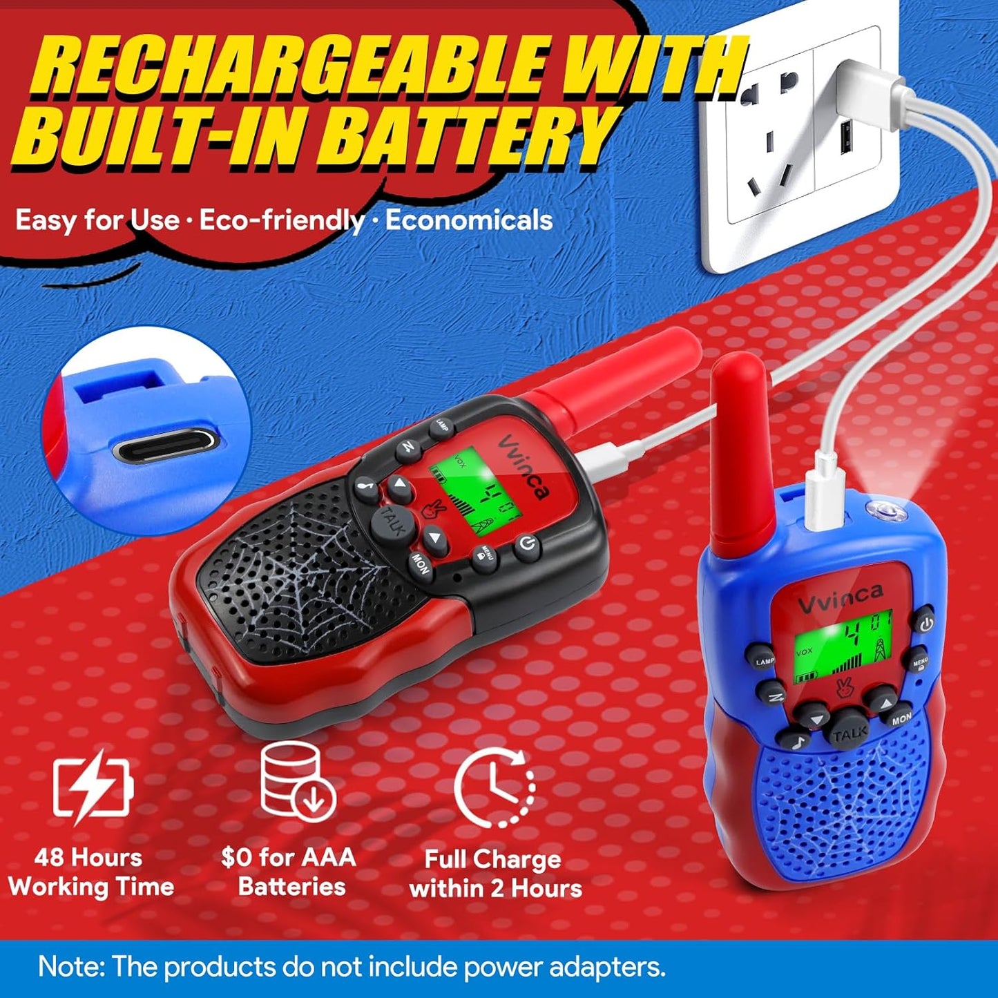 Vvinca Walkie Talkies for Kids Rechargeable, Spider Toys for Ages 3 4 5 6 7 8 9 10 Boys Girls Christmas Birthday Gifts for 3-12 Year Old, 2 Way Radio 22 CH VOX Long Range Walkie Talkie with Flashlight