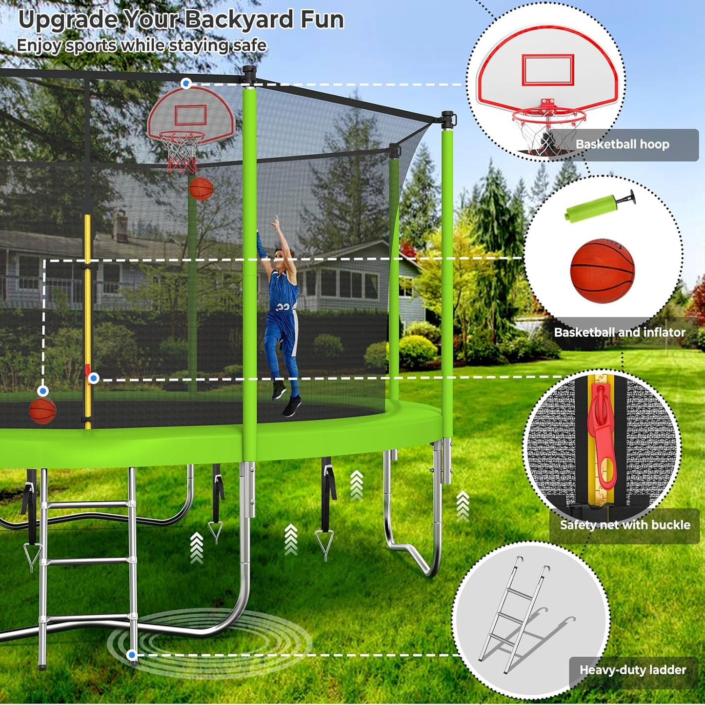 Upgraded 10/12/14/15/16FT Trampoline Outdoor, Large Kids Trampoline with Light, Stakes, Sprinkler, Backyard Trampoline with Basketball Hoop and Net, Capacity for 4-6 Kids and Adults