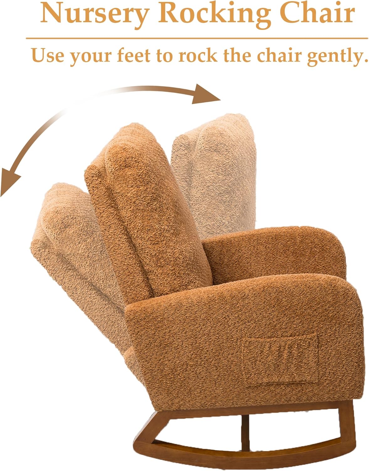 Nursery Rocking Chair with Foot Rest, Upholstered Glider Chair with Two Side Pockets, High Back Nursing Chair, Rocker Accent Armchair for Bedroom Living Room (Caramel)