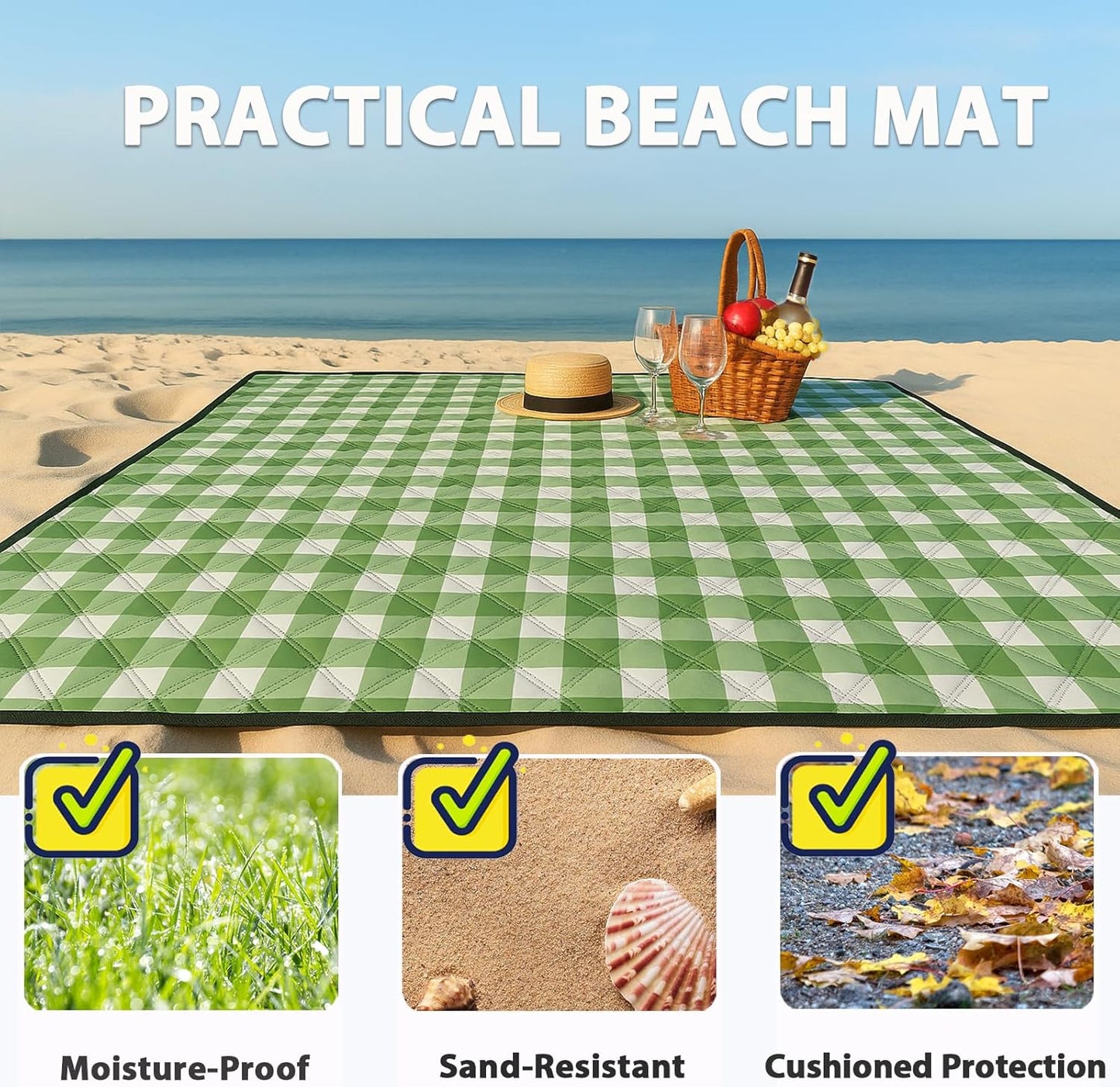 TigeJoy Extra Large Picnic Blanket Waterproof Foldable 80''x118'', Outdoor Picnic Mat Beach Blanket Sandproof for Park, Grass, Travel, Hiking, Camping Essentials, Gingham Picnic Blanket