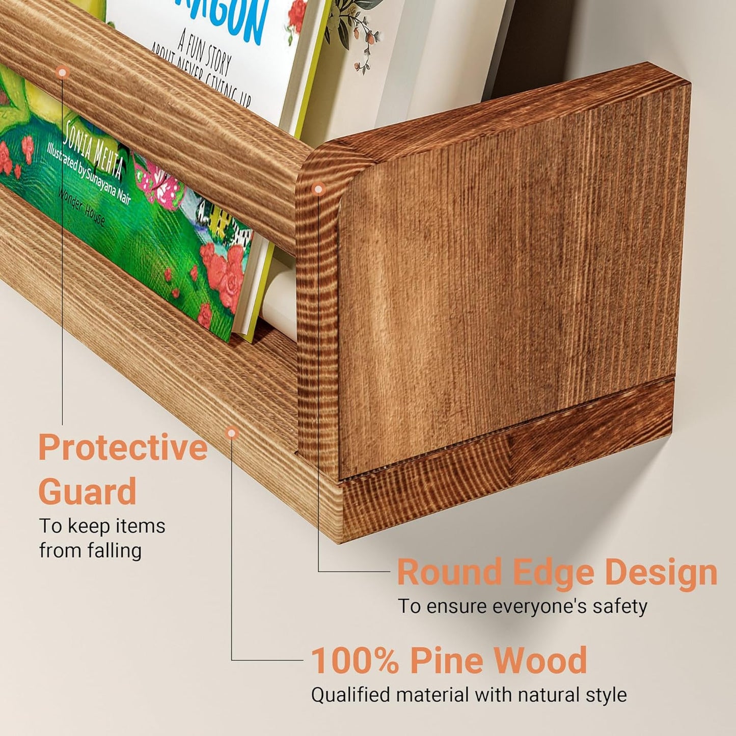 Heimlove Nursery Floating Shelves, Nursery Book Shelves for Wall, 16 inch Wall Bookshelf for Kids Solid Wood Wall Mounted Shelves for Books,Toys and Decor Storage, Set of 2