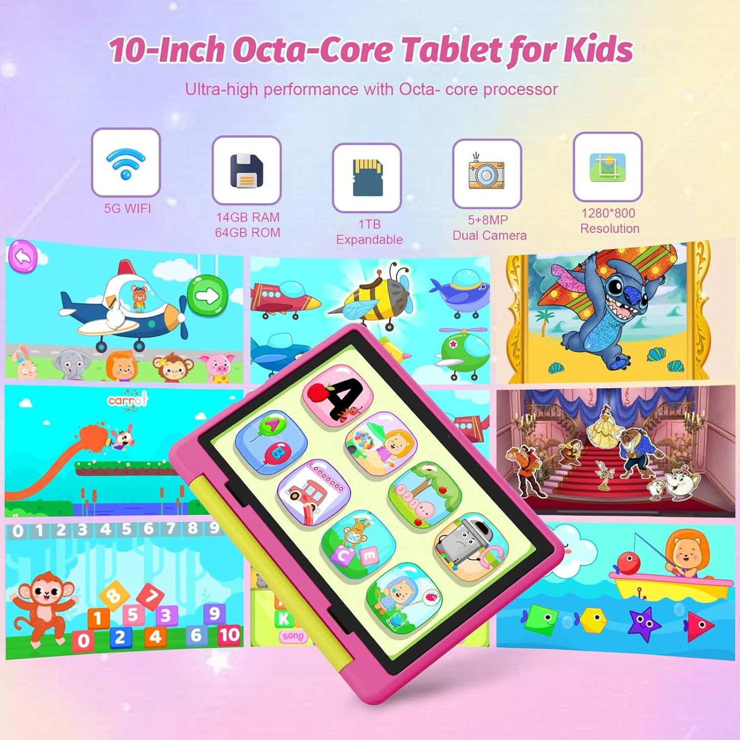 Kids Tablet 10 Inch Android 14 Tablet for Kids Ages 3-12, Octa-Core with Case, Parental Controls,14GB+64GB Storage (TF Expand 1TB), 5G WiFi, BT5.3, Pink