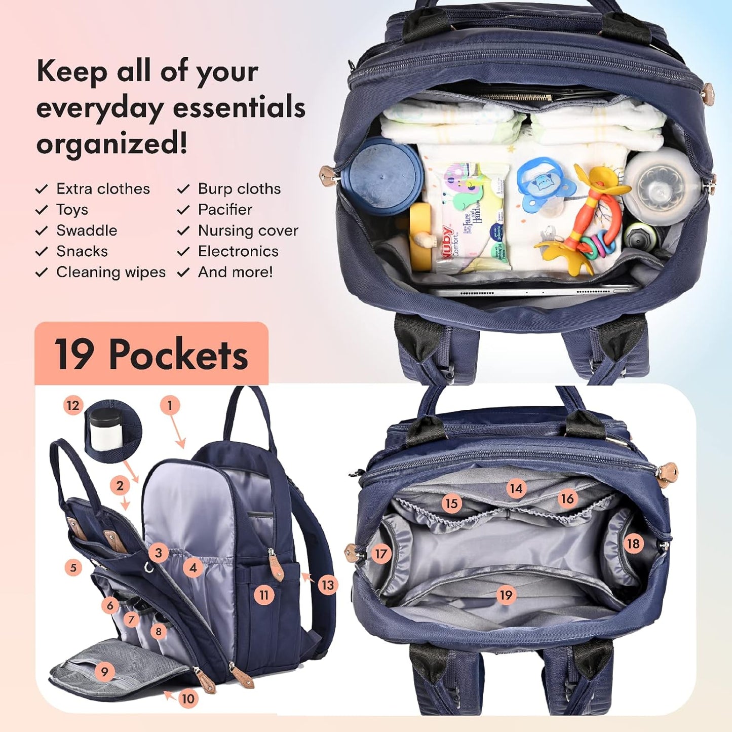 Dikaslon Diaper Bag Backpack with Portable Changing Pad, Pacifier Case and Stroller Straps, Large Unisex Baby Bags for Boys Girls, Multipurpose Travel Back Pack Moms Dads, Navy Blue