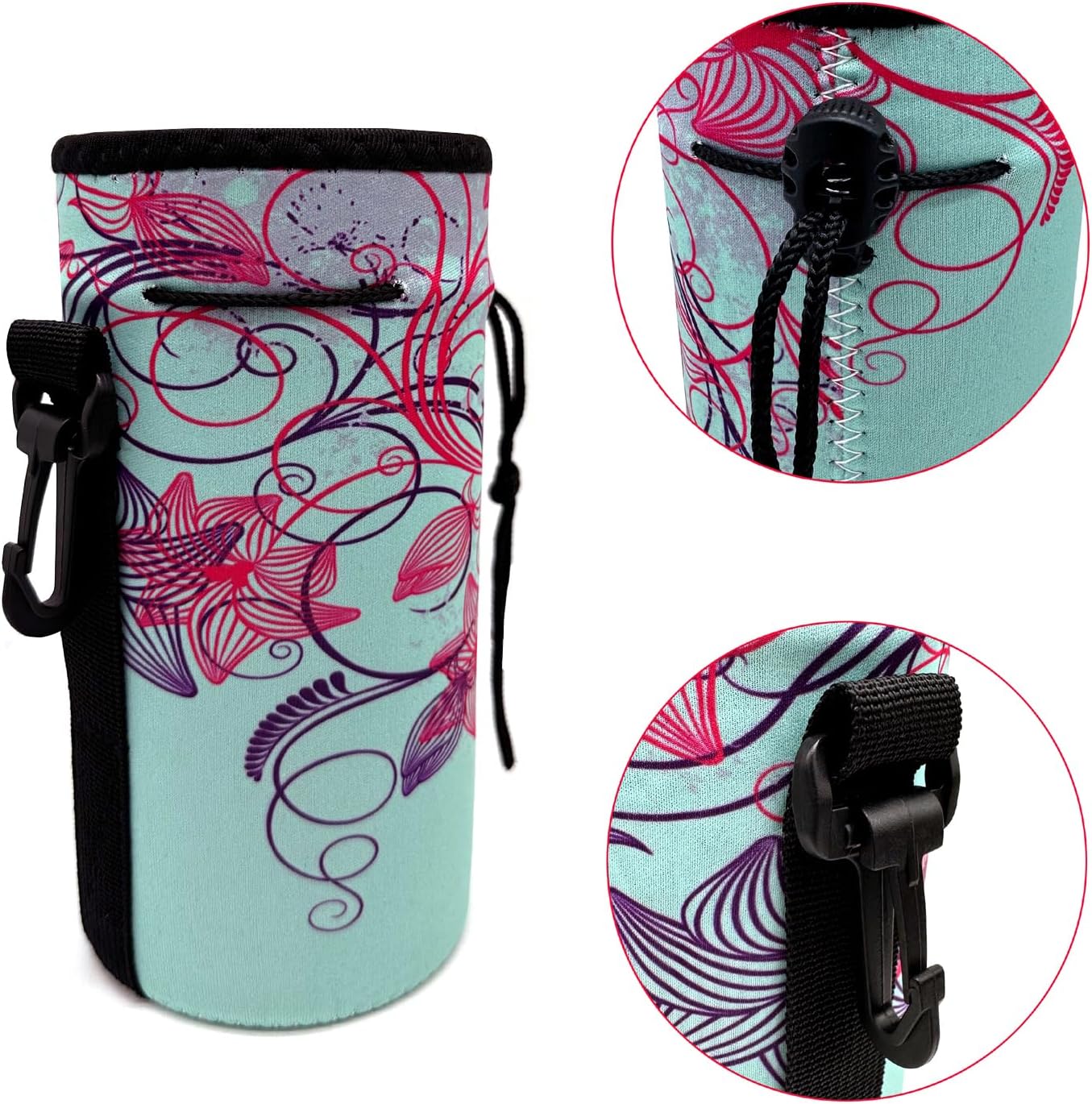 Neoprene Sleeve Bottle Carrier, Portable Insulator Cover - Drawstring Insulator for 18/20 Oz Water Bottle (Flower)