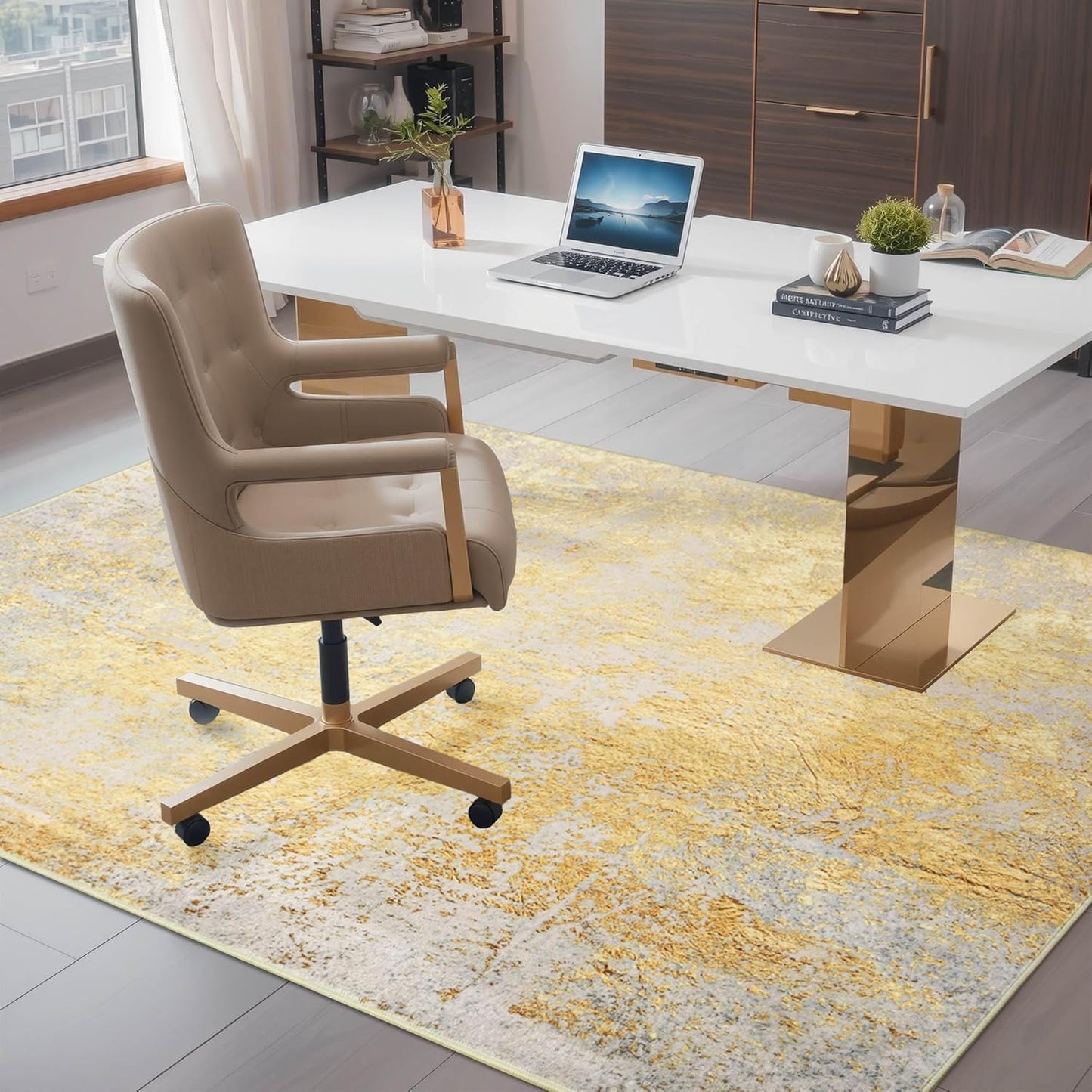 Living Room Rugs 6x9 Gold Washable Area Rug, Abstract Modern Bedroom Rugs Non Slip Stain Resistant Neutral Large Carpet for Nursery, Dining, Kids Playroom, Dining Room, Office