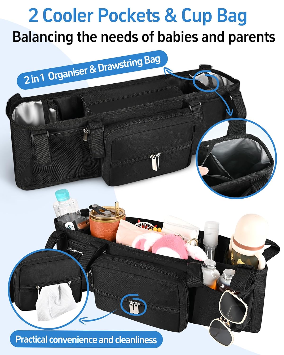 Double Stroller Organizer Compabitle for BOB Duallie and Baby Jogger City Mini GT2 with Cooler Bags, Compabitle for Baby Jogger Parent Console Double Stroller Organizer