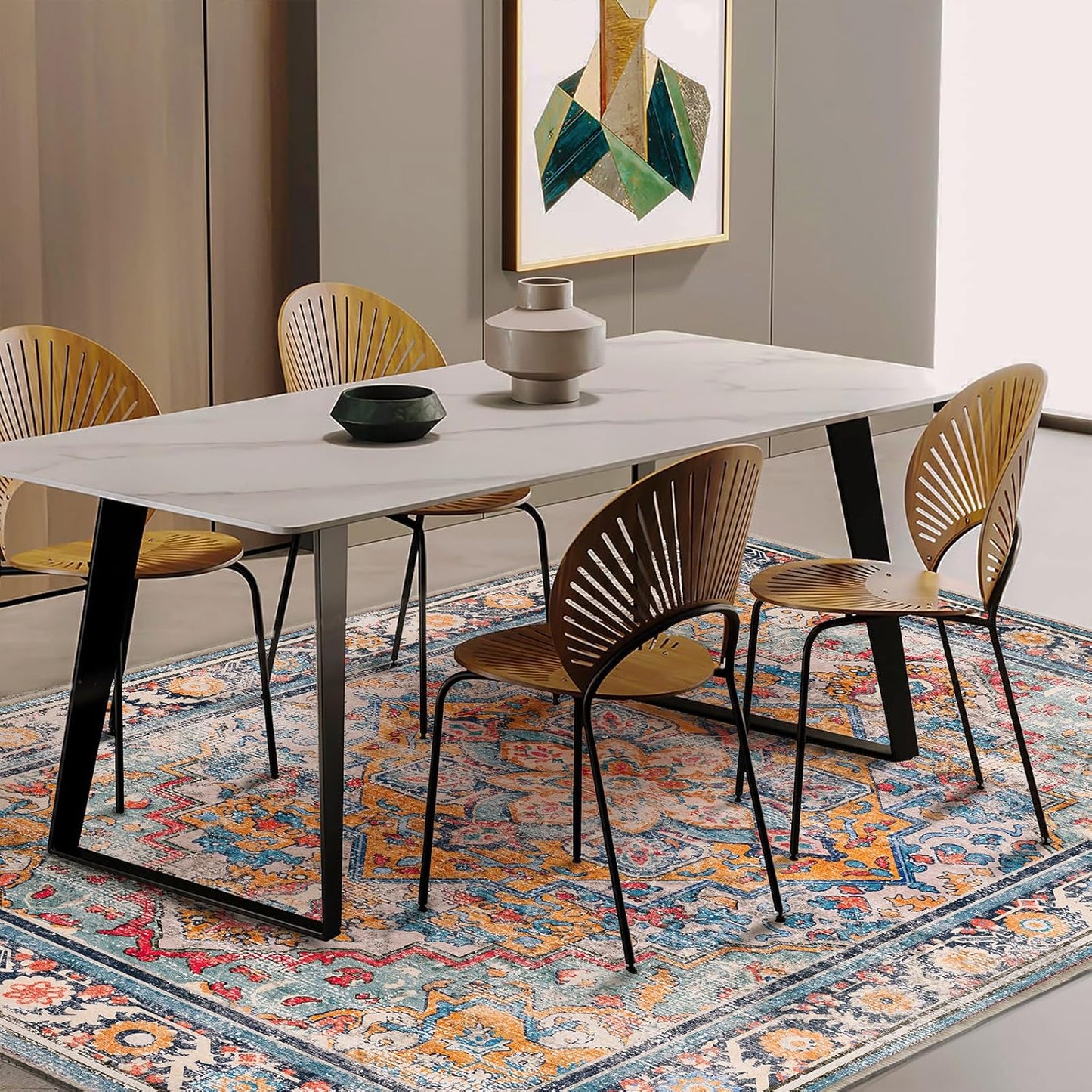 Washable Area Rug 9'x12' Boho Chic Medallion Distressed Design Non-Shedding Easy Care Ideal for High Traffic Areas in Living Room Bedroom Office Coffee Table Large Carpet