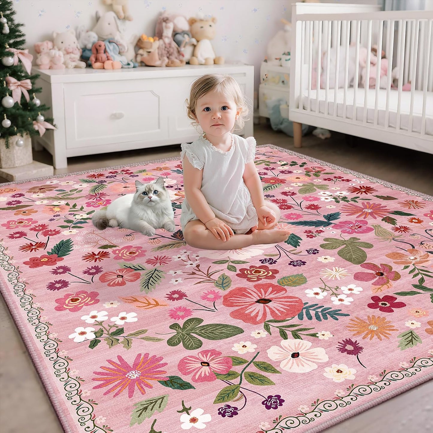 5x7 Area Rug for Nursery Girl Pink Floral Boho Cute Washable Soft Low Pile Non Slip Rugs Vintage Sound Absorbing Stain Resistant Big Carpet Rug for Bedroom Playroom Spring Living Room Dining Room