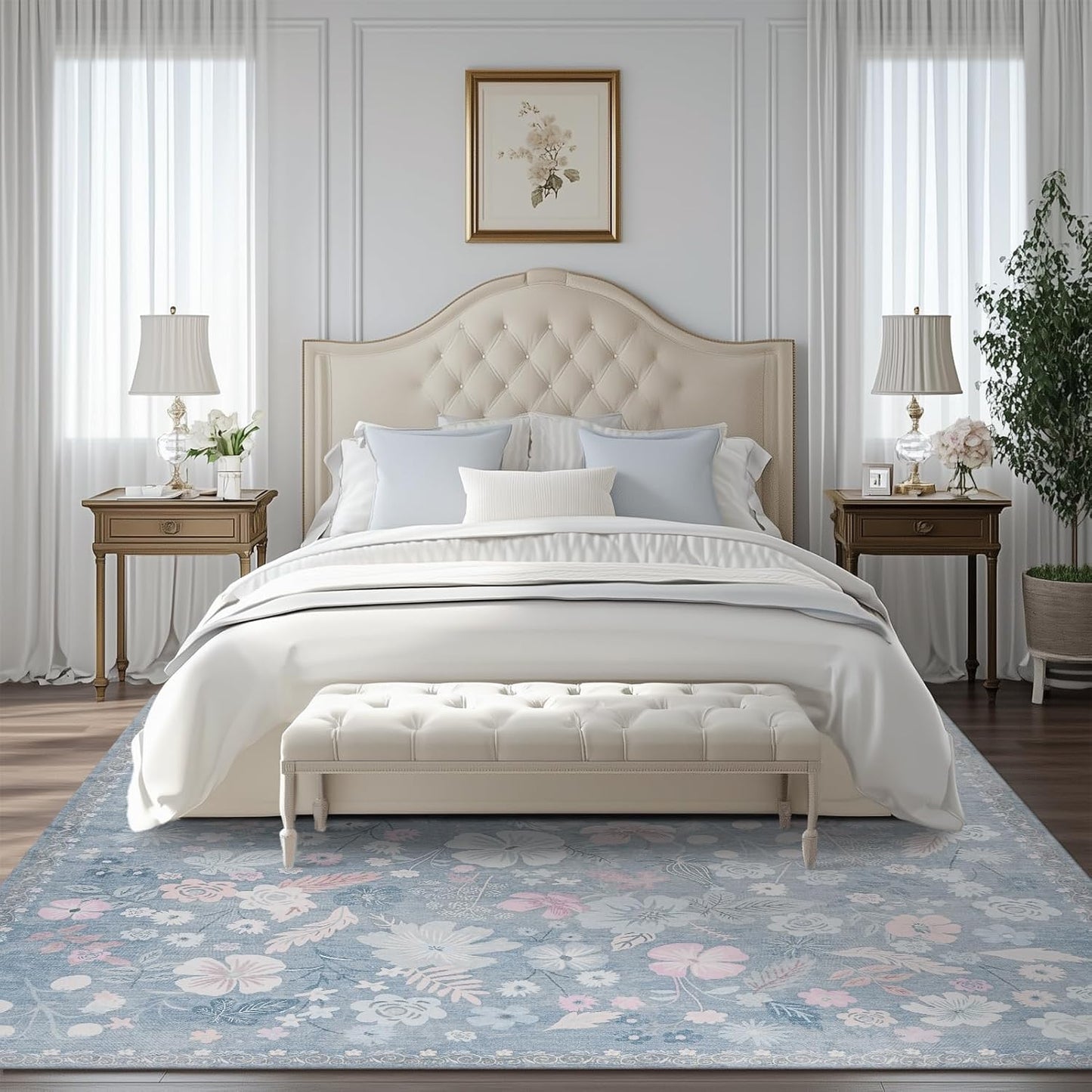 French Country 8x10 Area Rugs for Living Room Washable Blue Floral Stain Resistant Carpet Rug Soft Boho Vintage Garden Low Pile Non Slip Large Rug for Bedroom Dining Room Playroom Nursery,Daphne Blue