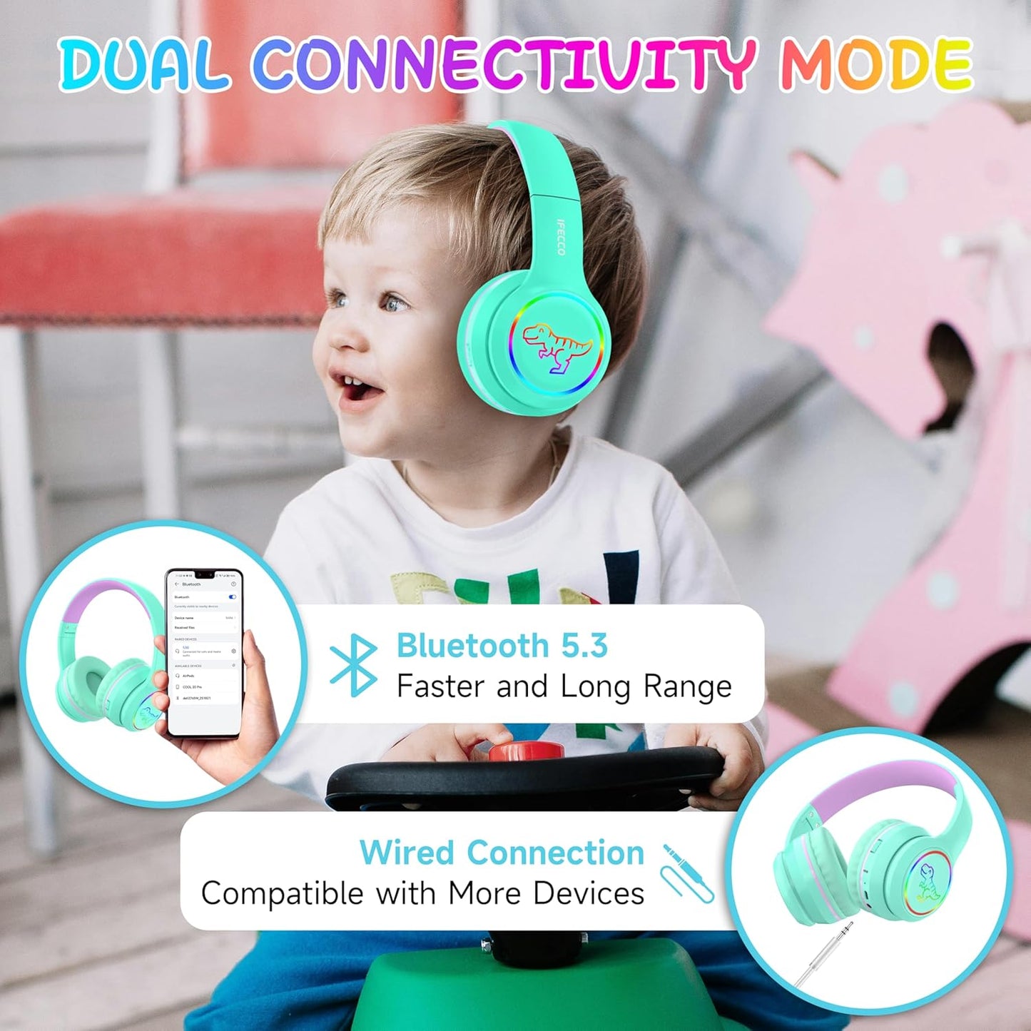 IFECCO Wireless Kids Boys Girls Headphones with Microphone,Cute Light Up Dinosaur Children Bluetooth Headphones Volume-limiting for for School Travel,Boys Girls Gifts for 3-15years
