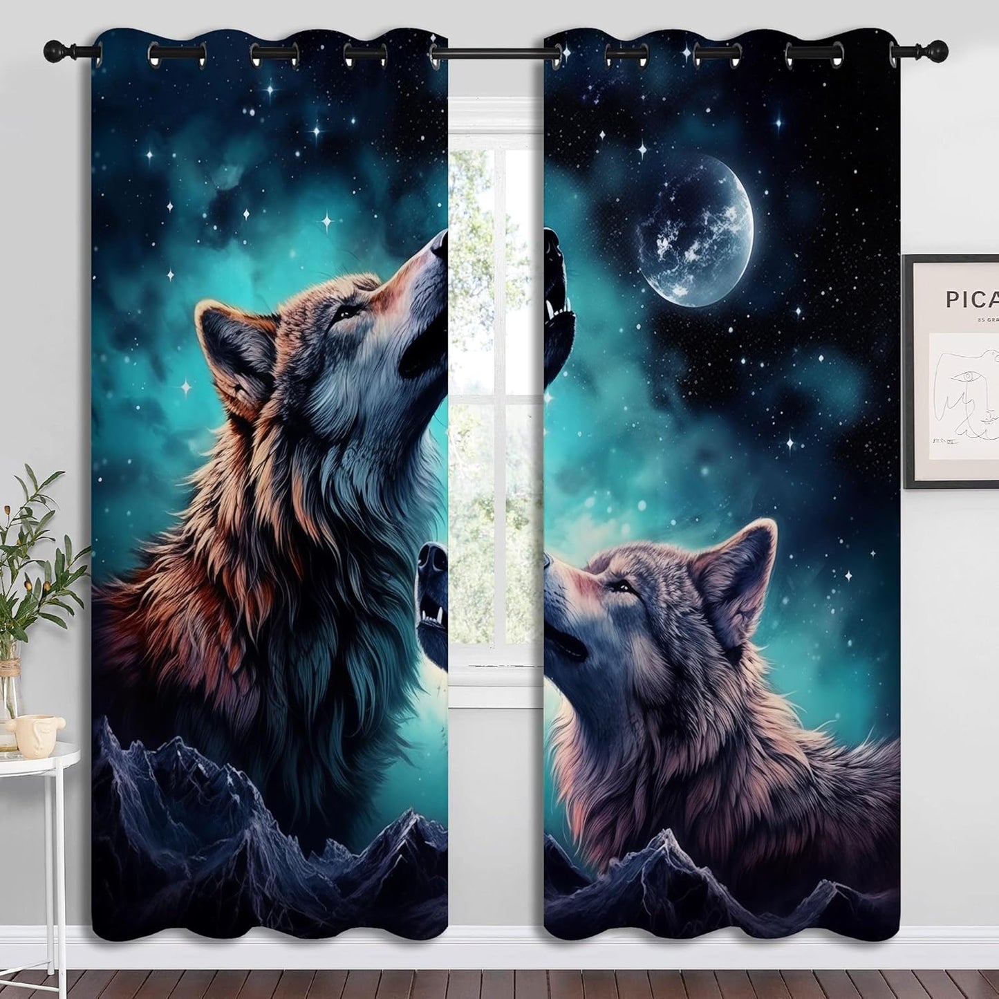 Wolf Blackout Curtains for Boys Girl Bedroom Decor,Starry Sky Howling Wolf Under The Full Moon Thermal Insulated Grommet Drapes Darkening Window Curtain for Living Room Home 84x63 inch