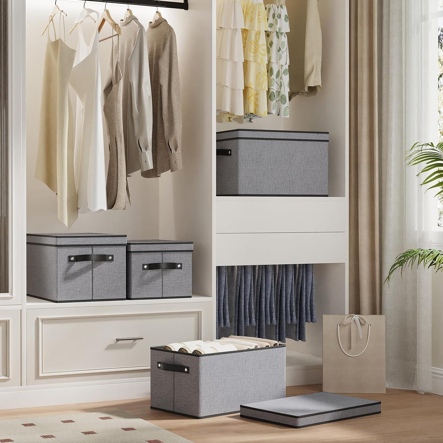 Storage Boxes, 15 x 9.8 x 8.3 Inch Baskets for Organizing with Lids, Fabric Bins with Handles, Decorative Linen Closet Organizers, Gray, 1 Pack