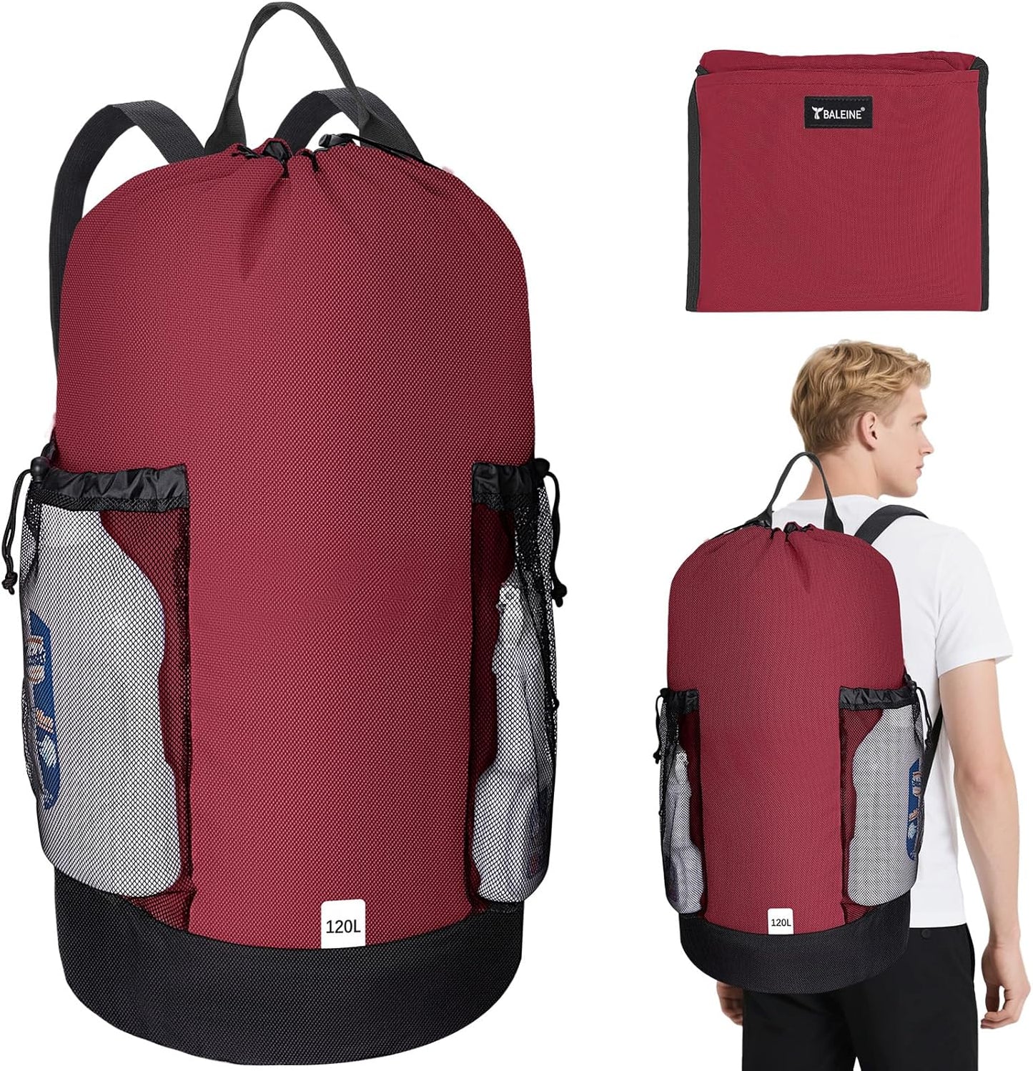 BALEINE 120L Laundry Bag Backpack, 900D Oxford Fabric Large Travel Laundry Bags with Shoulder Straps and 2 Mesh Pockets for College Dorm, Apartment, Laundromat (Red, 120L)