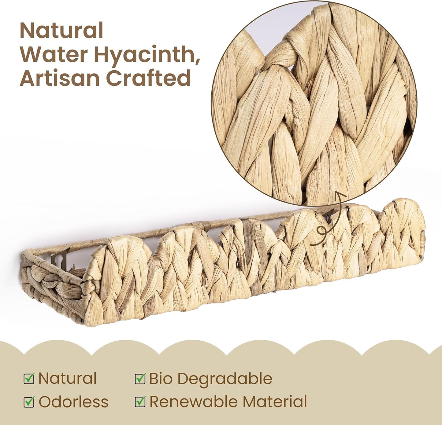 AELS Scalloped Nursery Bookshelf, Set of 4, Picture Ledge Shelf for Wall Decor, Woven Natural Water Hyacinth Floating Shelves for Books, Toys, Photo Frames, Nursery, Boho Modern Farmhouse Book Shelf